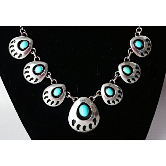 Navajo Vintage Turquoise Bear Paw Sterling Silver Necklace and Earrings Set - Picture 2 of 9